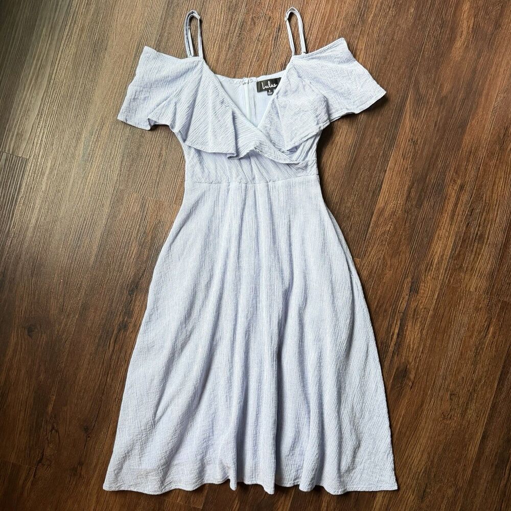 Lulus S Off Shoulder Dress Blue Pinstripe Ruffle Top Fit N Flare Midi A-Line